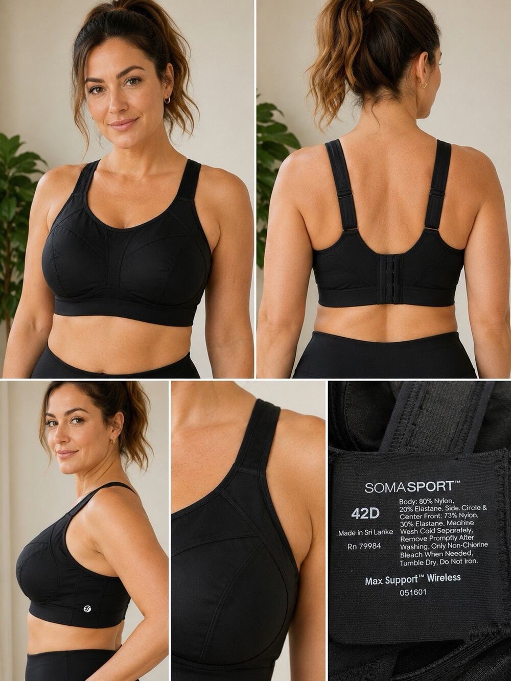 SomaSport Maximum Support Wireless Sports Bra Black 42D Adjustable Straps Hook B